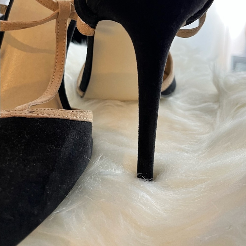 Black and bone tea strap heels from JUST FAB